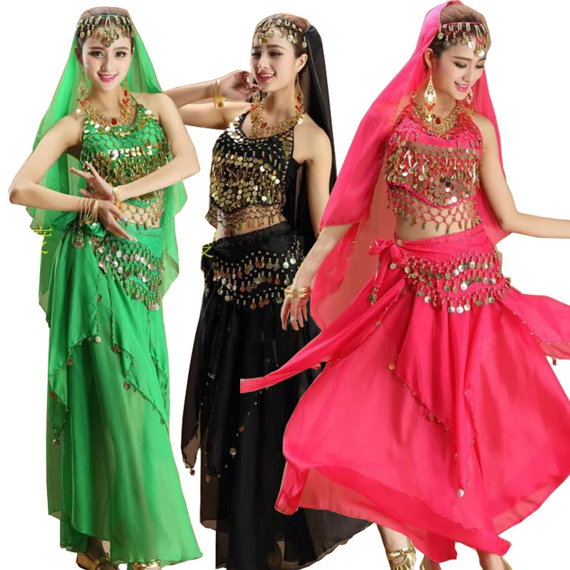 

Lady Belly Ballroom Dance wear Costumes Women Bollywood Dancing dress set Indian Bollywood Girls Dresses Veil Top Belt Skirt