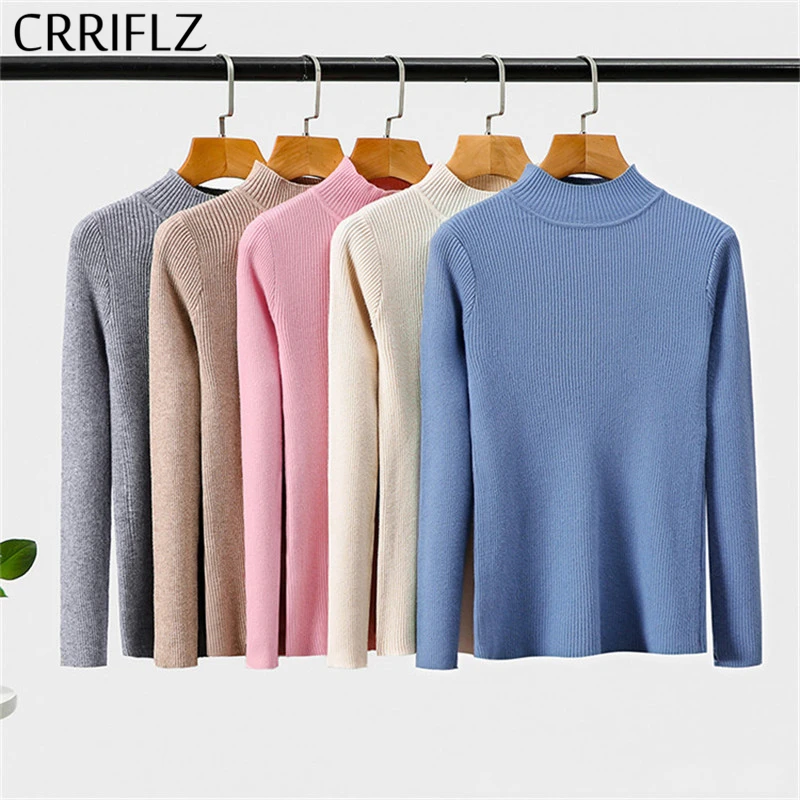 

Новинка 2020, осенне-зимний свитер с высоким воротником, Женский офисный однотонный вязаный пуловер с длинным рукавом, свитер CRRIFLZ
