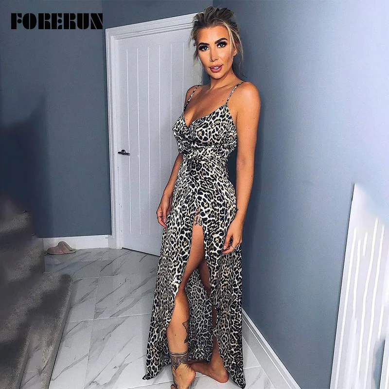 FORERUN женское леопардовое платье без рукавов спагетти Starp длинные летние платья