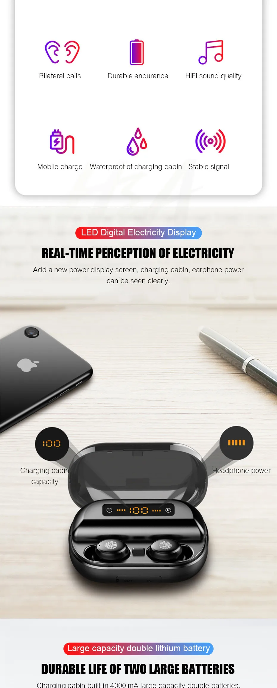 5 0 9 7 4000 4 H в TWS. Bluetooth D стерео Oortephone беспроводные IPX водонепроницаемые наушники спортивные наушники с мАч Мощность