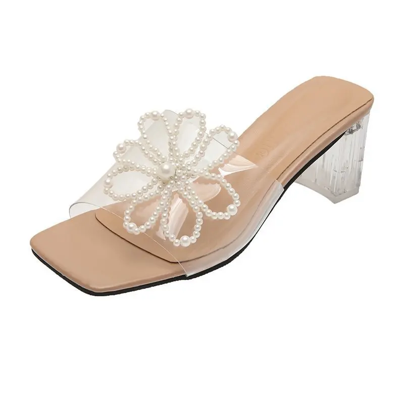 

Square Toe Transparent Slippers High-Heeled Shoes Lady Low Slipers Women Luxury Slides String Bead Block 2021 Designer Summer Ba