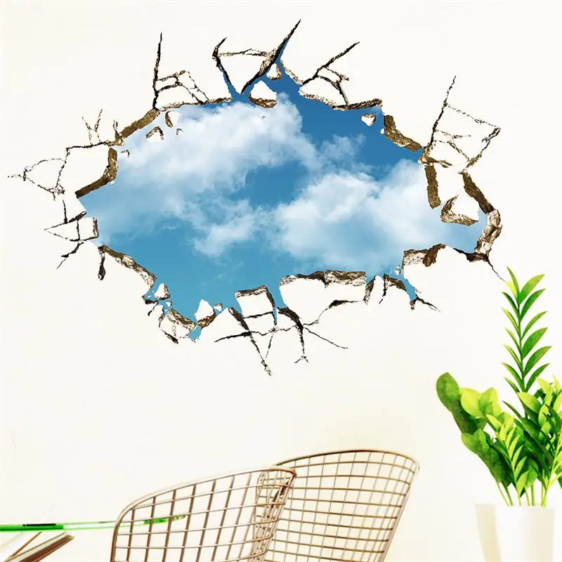

3d Window Hole 50*70cm Blue Sky Clouds Wall Stickers Bedroom Home Decor Through Landscape Wall Decals Wallpaper