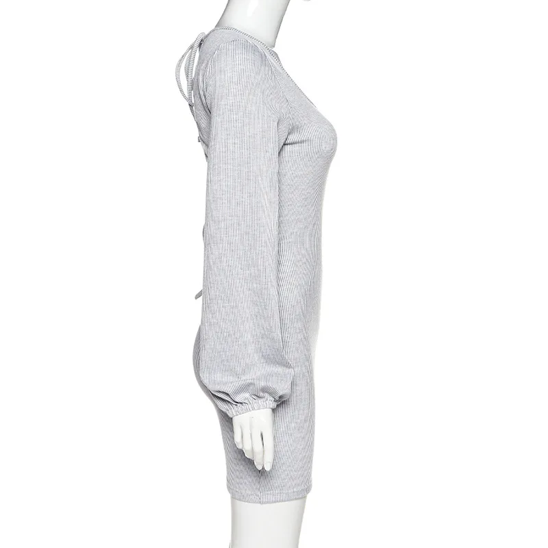Sexy Strriped Long Lantern Sleeve Bodycon Dress Women Spring 2020 Fashion Backless Bandage Female Skinny Mini Dresses vestidos | Женская