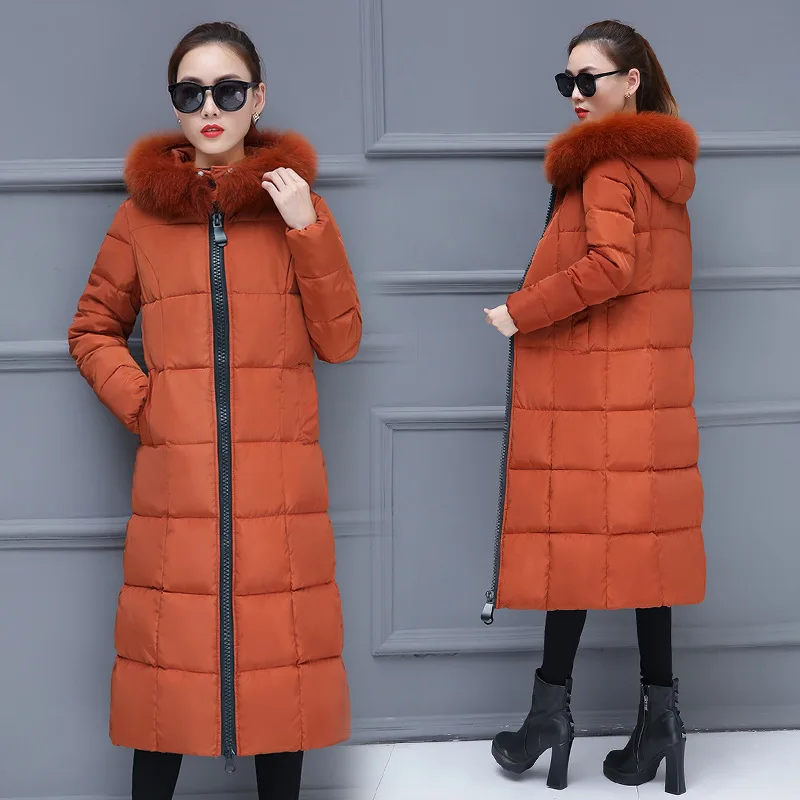 Свободное зимнее длинное пальто с меховым капюшоном для женщин парка Feminina