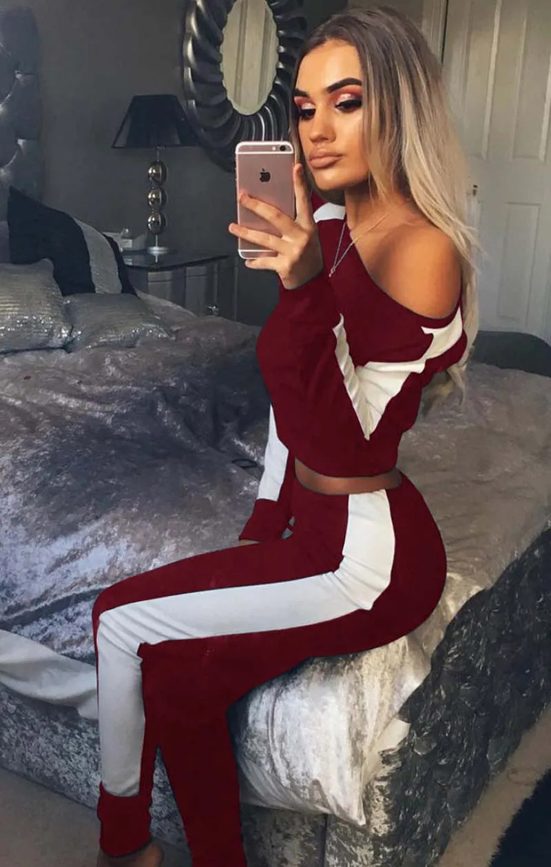 2019 модный спортивный женский сексуальный костюм лоскутное изделие c длинным