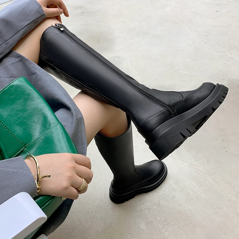 Simple Side Zipper Square Toe Chelsea Knee-Length Boots Large-Size Thick-Soled Inner Heightening Boots Women's Platform Boots