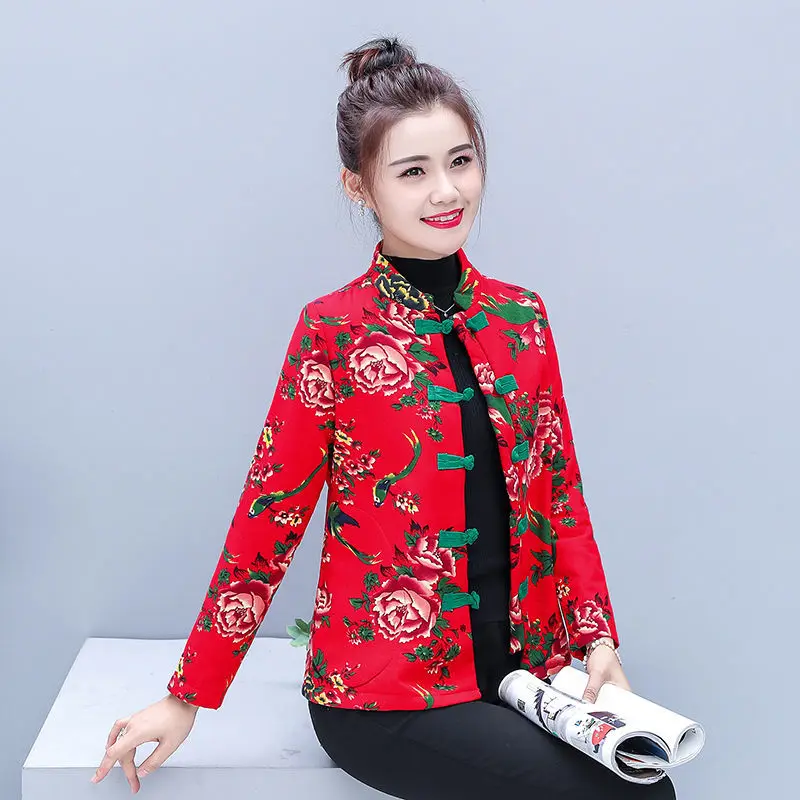 

Middle aged mother's Tang style short cotton padded jacket women's autumn and winter Plush coat retro printed thin ethnic style