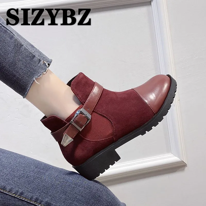 

Boots Women Warm Winter Buckle Strap Short Boots Pu Leather Shoes Non-Slip Suede Elastic Band Square Heel Zipper Ankle Boots 43