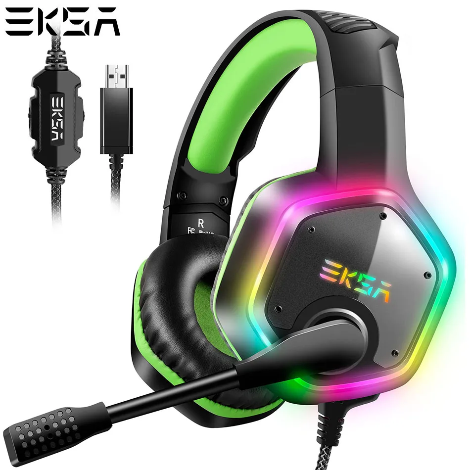 EKSA E1000 USB Проводные Игровые наушники 7,1 Virtual Surround профессиональная игровая гарнитура с микрофоном светодиодный светильник для PS4 PC зеленый серый