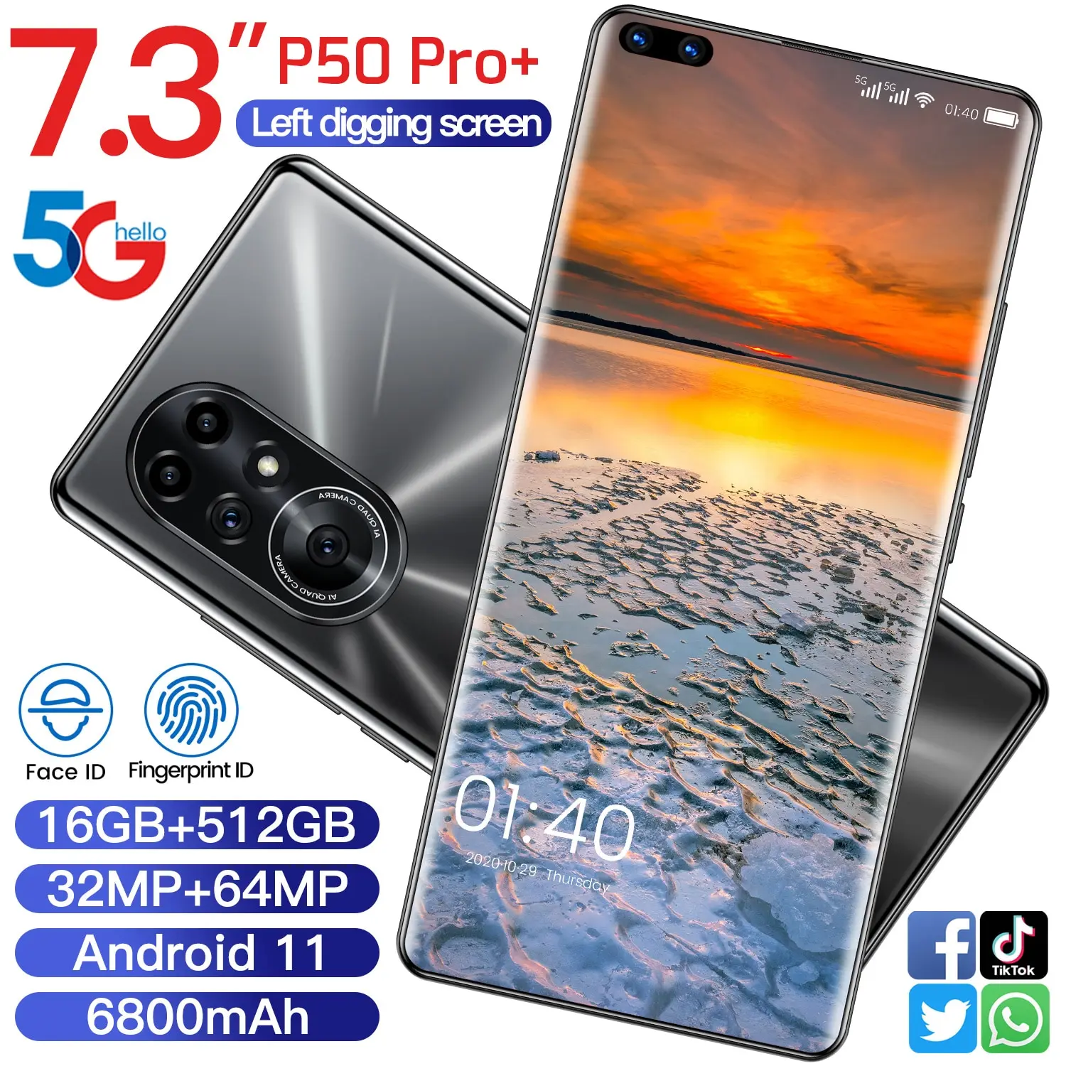 

Hot Sale P50 Pro+ 7.3" Mobilephone Global Version Android11 16GB+512GB 6800mAh Deca Core 64MP Rear Camera Face ID Dual SIM Phone