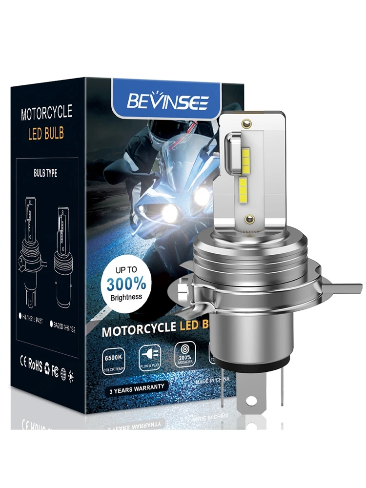 Bevinsee H4 LED Headlight Bulb BA20D Motorcycle Headlight Bulb 1500LM 6000K Hi/Lo Beam Light For ATV UTV Motorcycle Accessories
