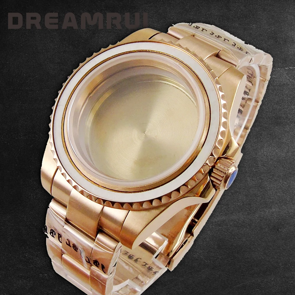 

Rose Gold Coated Watch Cases for NH35 NH36 NH36A Sapphire Crystal Watch Bracelet Deployment Clasp Screw Crown no Insert