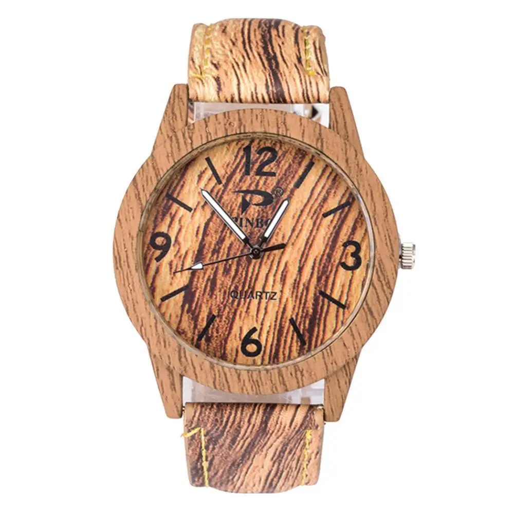 

40%HOT Men Simple Analog Round Dial Wood Grain Faux Leather Band Quartz Wrist Watch