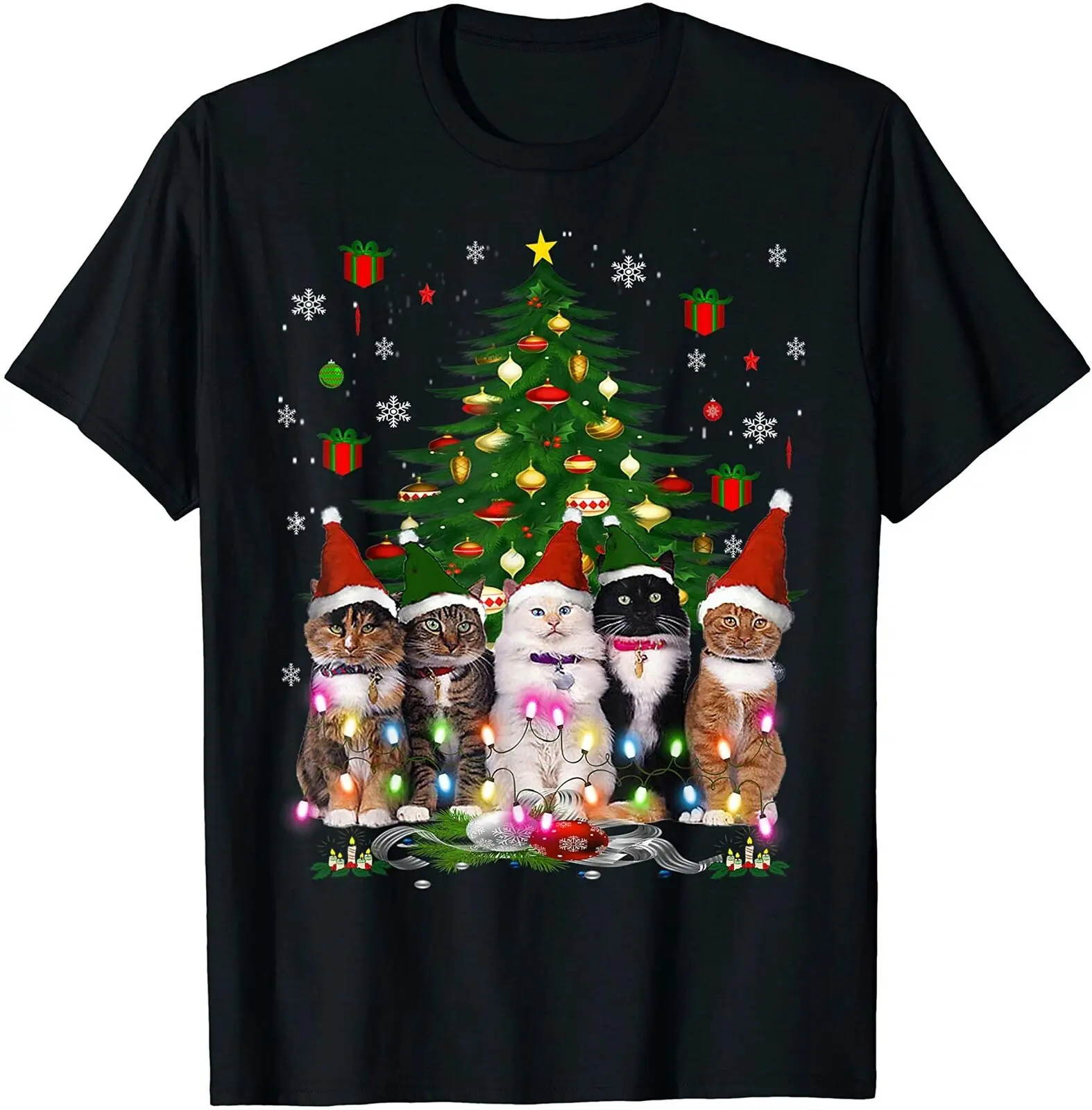 

Funny Meowy Cat Christmas Tree Cat Lover Xmas Gift Mens T-Shirt. Summer Cotton Short Sleeve O-Neck Unisex T Shirt New S-3XL