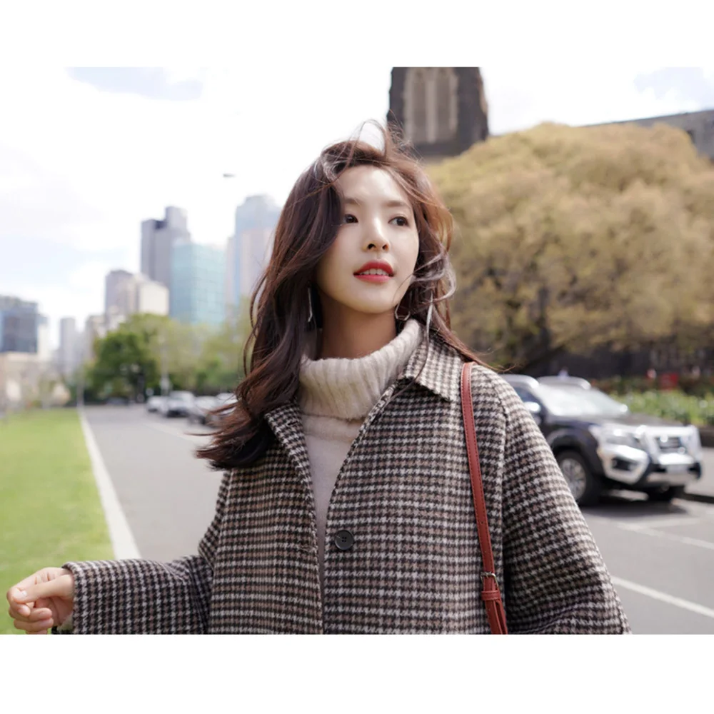 

Vintage Plaid Jacket Female 2020 Autumn Winter Fashion Loose Mid-Length Women's Woolen Coat