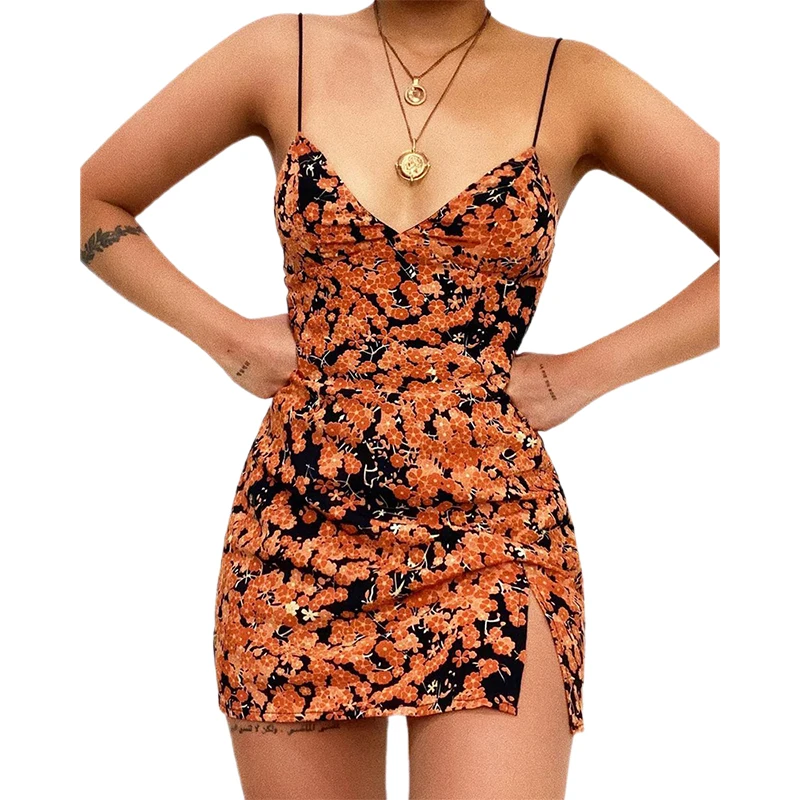 

Women Fashion Spaghetti Strap Mini Dress Slip Dress Women Sexy Slim Fit Bodycon Party Dress Floral Print Slit Side Short Dress