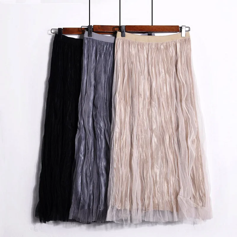 

Женские Лоскутные сетчатые золотые бархатные юбки, двухслойная Женская плиссированная юбка макси на осень и зиму 2020, кружевная юбка