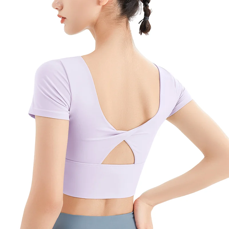 Short Sleeve Yoga Shirts Women With Chest Pad Breathable Gym Tops Fitness Running Workout Back Top Yoga Clothes Sport Wear Mujer