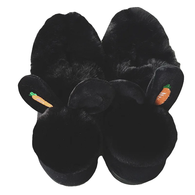 Милые тапочки с кроликом Женские черные зимние теплые меховые хлопковые