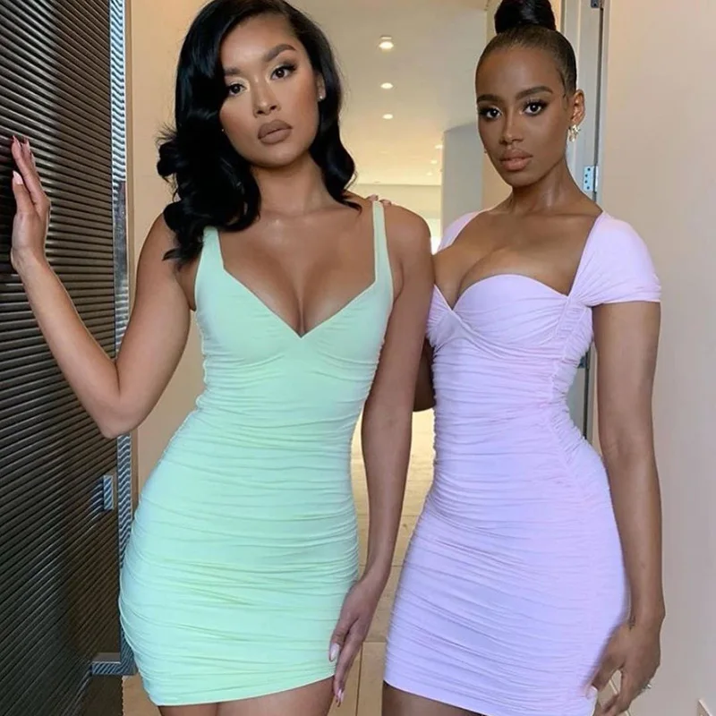 

2020 New Off Shoulder Sexy Mini Sheath Dress 2 Layers Women Green Pink V-neck Wrap Bodycon Party Club Dress Vestido Summer BK-70