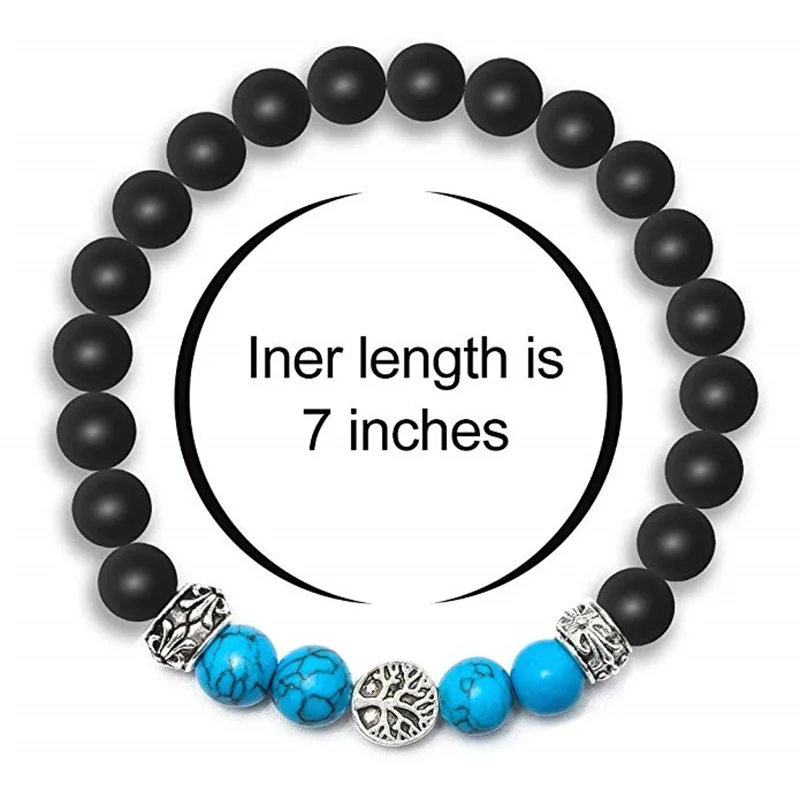 Черный матовый браслет из оникса 8 мм эластичный веревки с деревом жизни