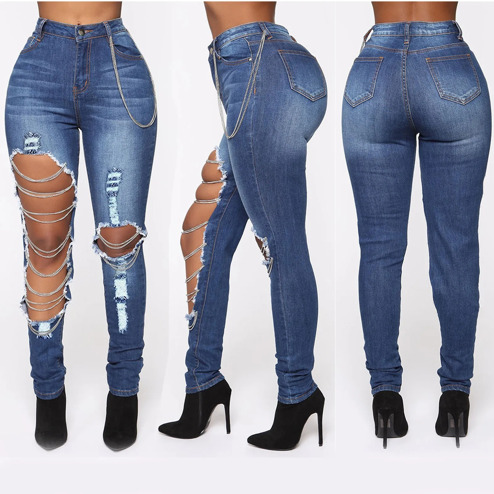 

Solid Color Fashion Hole High waist Jeans Women Slim Washed Ripped Hole Gradient Long denim trousers Sexy Regular Jeans Pants