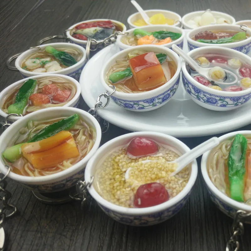 

New Simulation Food Key Chains Delicious Chinese Food Keychain Blue And White Porcelain Food Bowl Bag Keyring Gift For Foodies