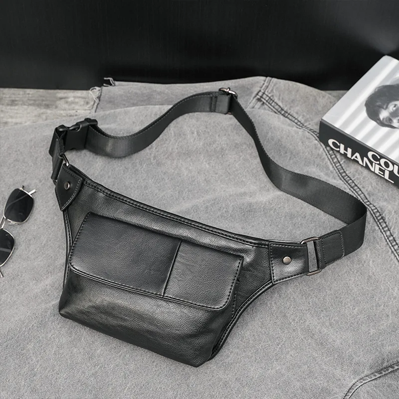 

Annmouler Fashion Unisex Fanny Pack Black Pu Leather Waist Bag Large Chest Bag Phone Pouch Pocket Zipper Bum Bag