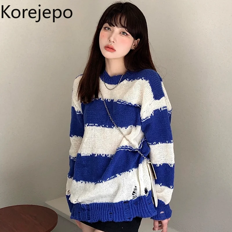 

Korejepo Women Ripped Sweater 2021 New Early Autumn Korean Chic Retro Ins Loose Striped O-neck Long Sleeve Knit Sweater Tops