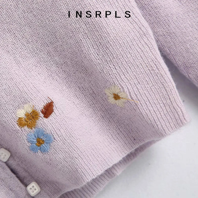 

INSRPLS Women Fashion Floral Embroidery Cropped Knitted Cardigan Sweater Vintage Long Sleeve Female Outerwear Chic Tops