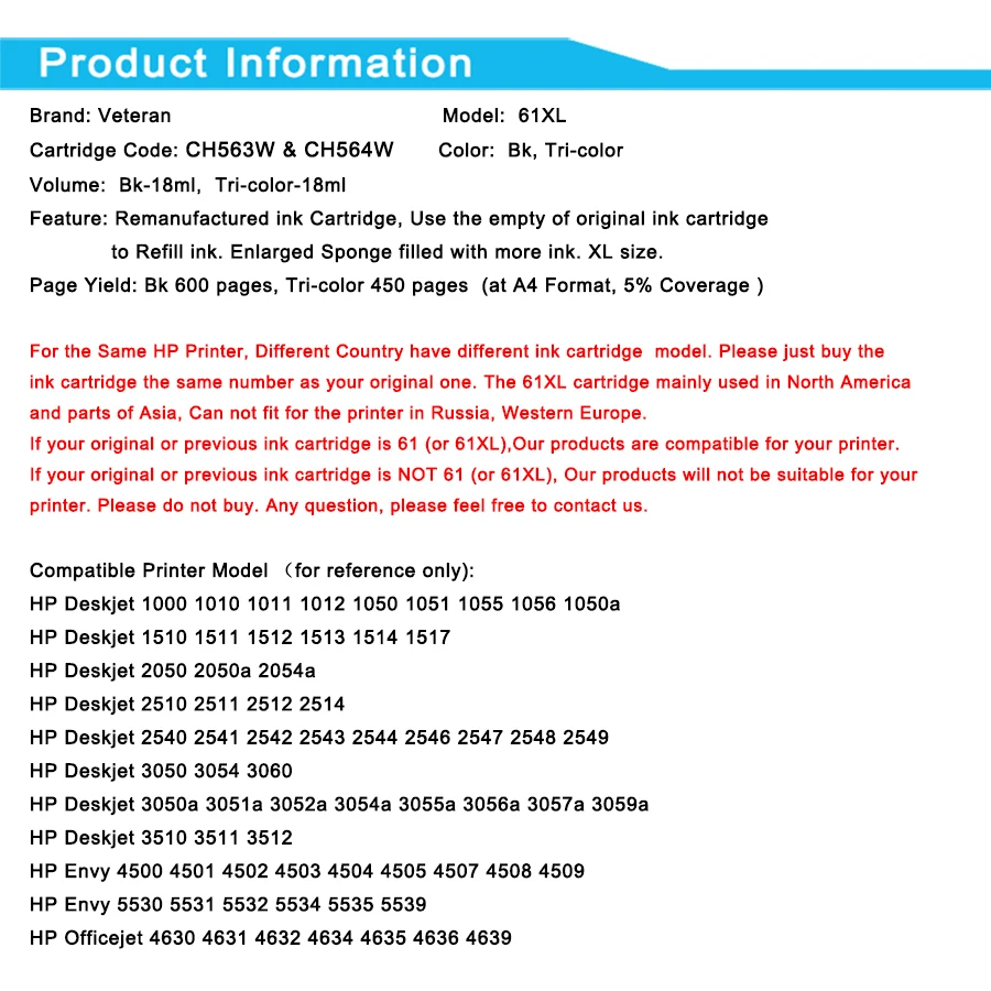 Ветеран совместимый 61XL чернильный картридж для hp 61 xl Envy 4500 4502 5530 Deskjet 1050 2050 3050 3054 3000
