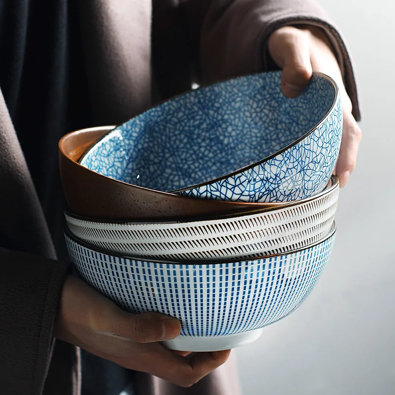 

8 Inch Japanese Ramen Bowl Ceramic Noodle Bowl Stripe Design Large Soup Bowl Restaurant Household Retro Dinnerware