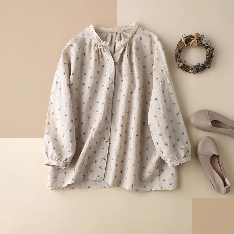 

SHUCHAN France Style Loose Shirt Women 100% Linen Long Sleeve Pint Vintage O-Neck Korean Fashion Women Shirts Blouses