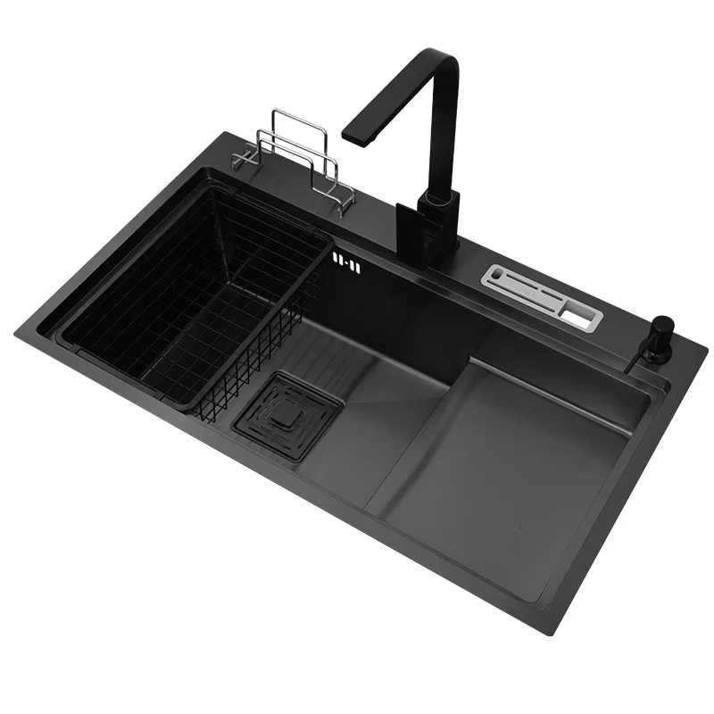 Kitchen Sink Single-slot Black Nano 304 Stainless Steel Hand Sink Large Stepped High and Low Sink 75x45 cm