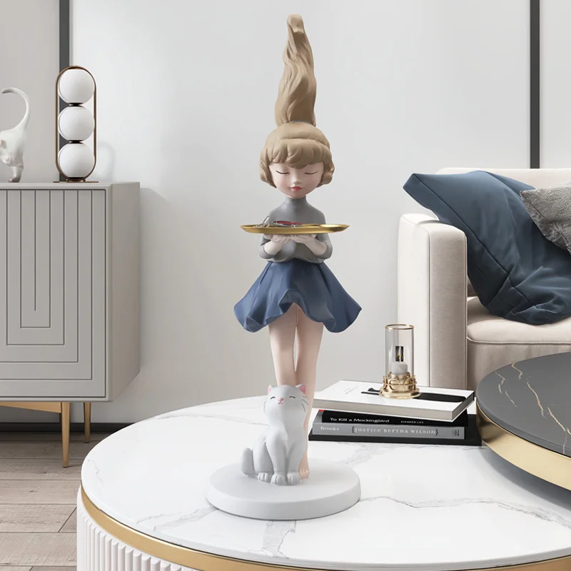 

Nordic Luxury Statue With Tray Flying Modern Girl Cat Sculpture Storage Tray Plate Ornament Living Room Home Decor New Year Gift