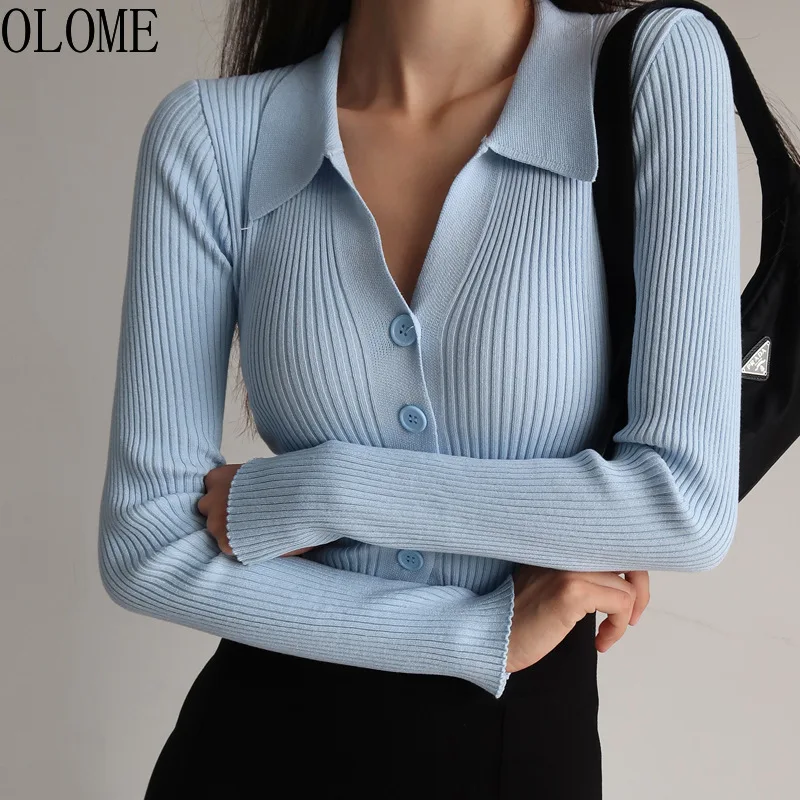 

OLOME Women New Lapel Slim Slimming Tops Ladies Hollow Buttons Sexy V Neck Long Sleeve POLO Neck Knit Cardigan Sweater