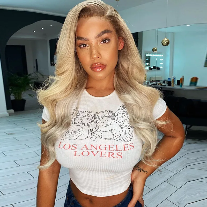 

Focal20 Streetwear Angel Letter Print Women Skinny T-Shirt Short Sleeve White T Shirt Fashion Navel Bare Cropped Slim Top Tees