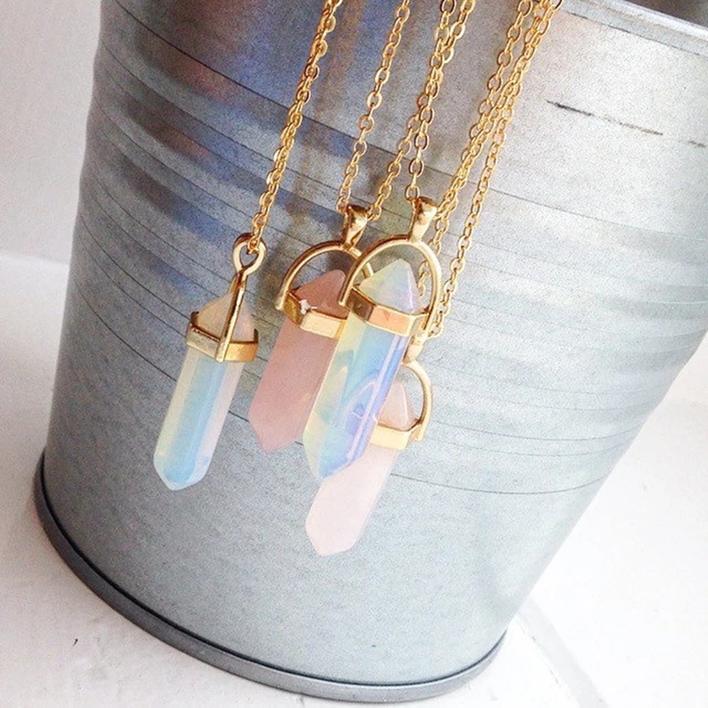 

Hexagonal Column Quartz collares chain Necklaces Fashion Natural Stone Bullet Pink Crystal Pendant Necklace For Women Jewelry