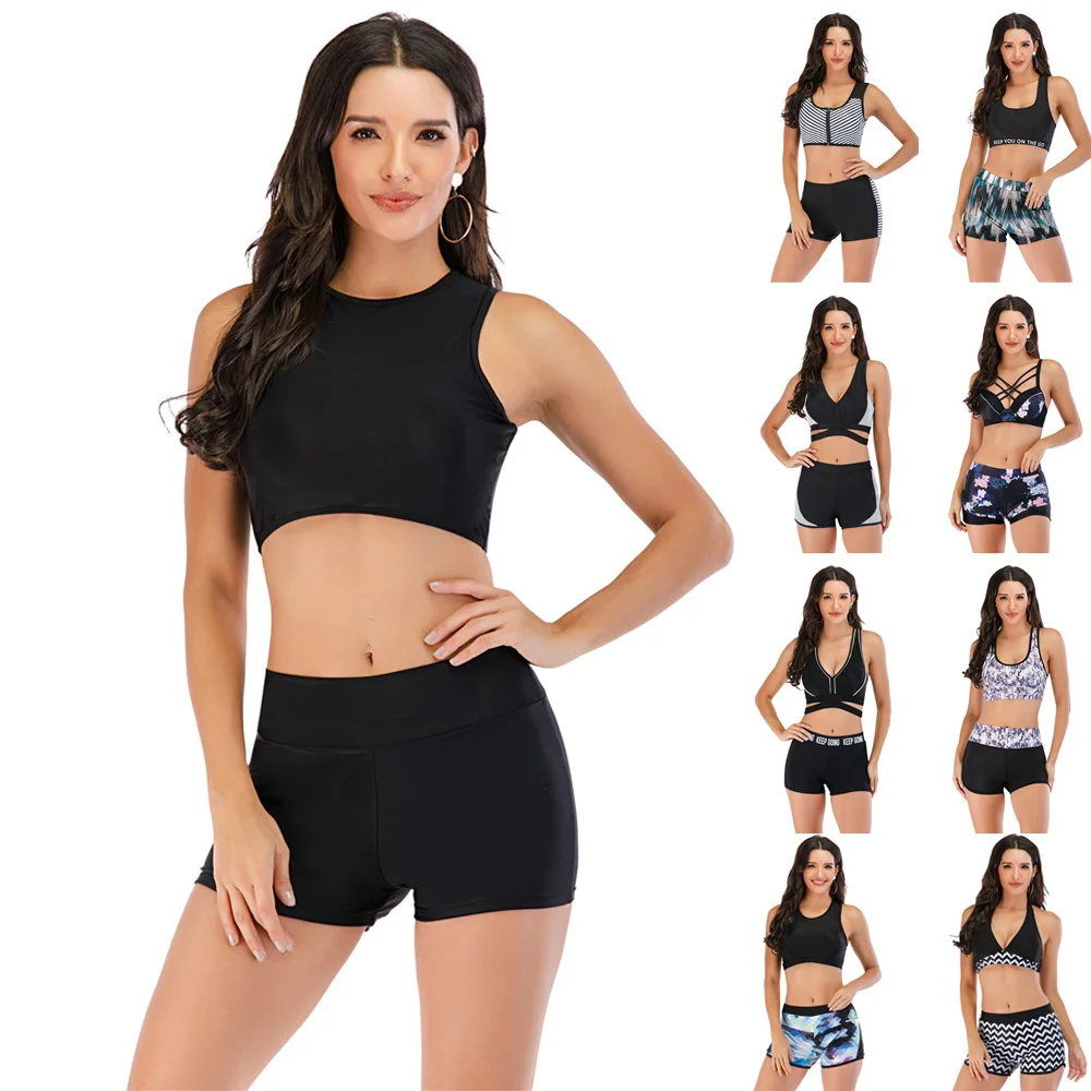 

Plus Size Bikini Women Solid Swimwear Sport Style Swimsuit Shorts Biquini High Waist Tankini Crop Top Bathing Suit High Neck Pad