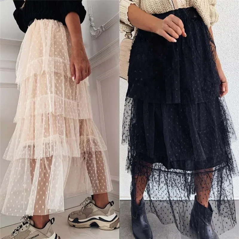 Женская кружевная юбка в горошек белая или черная длинная из тюля с высокой