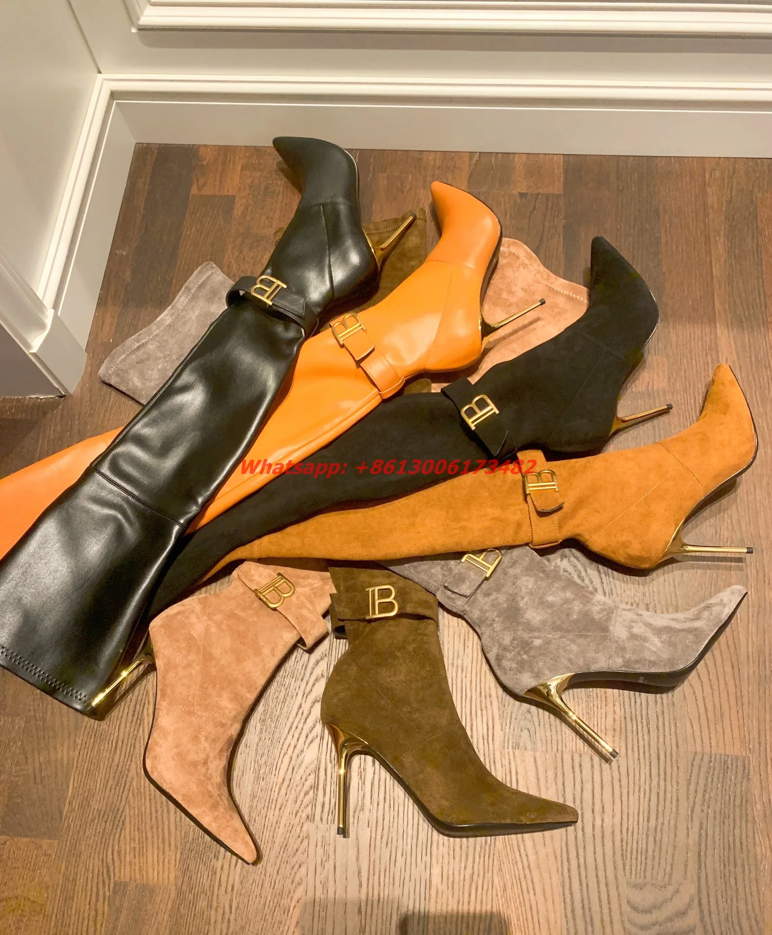 

2022 woman real leather over the knee gold high heel boots pointed toe metal gold high heel stretch suede thigh high boots woman