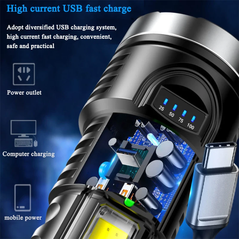 High Power Four-cell LED Flashlight USB Rechargeable Powerful Camping Super Bright 4-core COB Light | Освещение