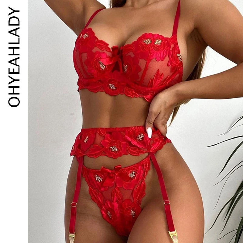 

Ohyeahlady женское прозрачное Эротическое нижнее белье с цветочной вышивкой кружевом сеткой бюстгальтер на косточках подвязки стринги красный ...