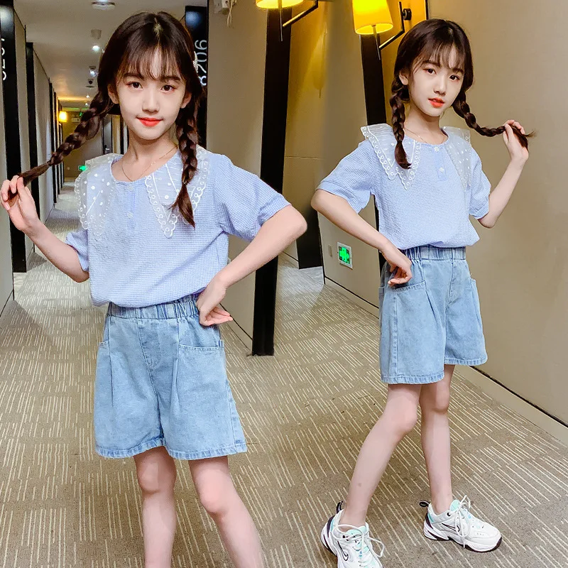 Girls Clothing Sets Summer Fashion Gauze Collar Short Sleeve Tops + Denim Shorts Kids Clothes Suit Children 3-13 Year Outfits