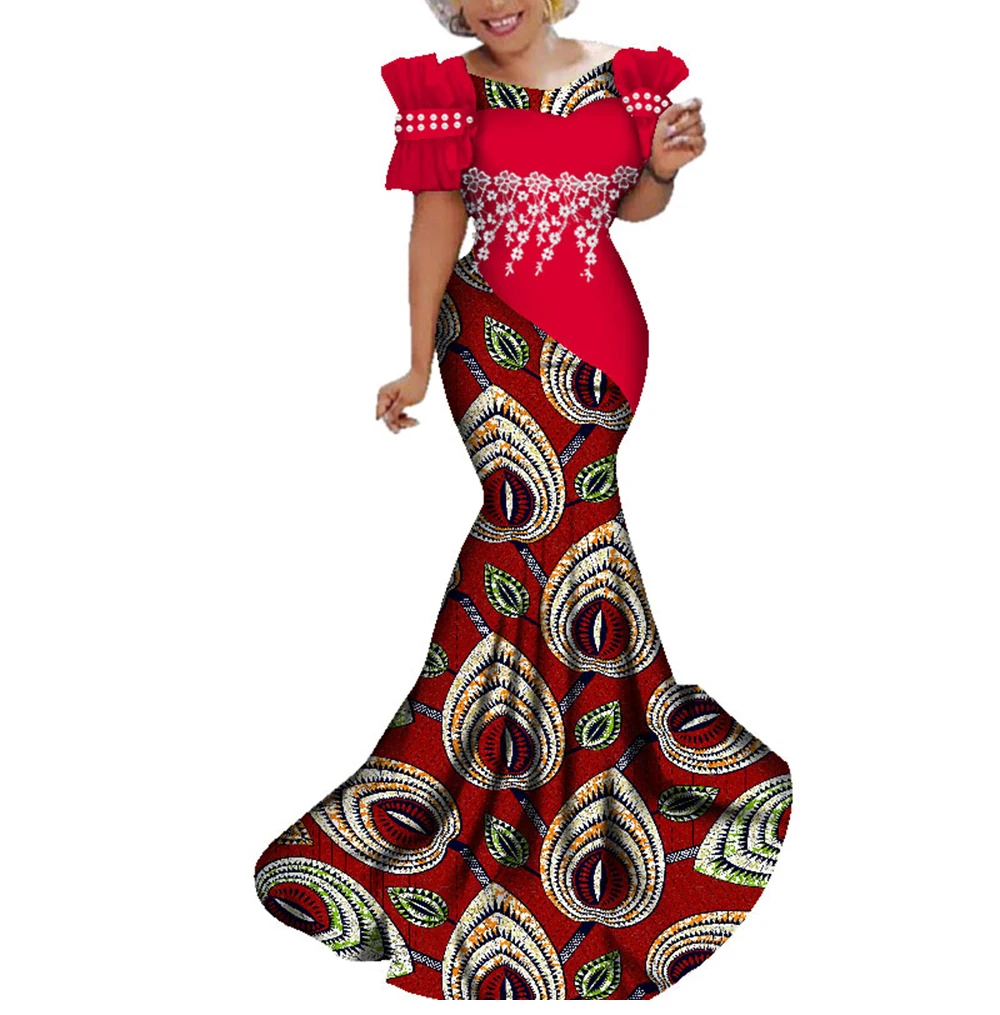 

Stock Size African Dresses Women Long Party Dress Traditional African Print White Pearl Lace Flower Bazin Riche Lady Dress WY284