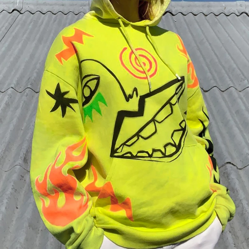 

Ladies Spring Autumn Loose Hoodie,2021 New Casual Girls Leisure Style Creative Lip Flame Graffiti Printing Long Sleeve Hooded
