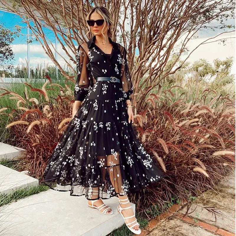 

Foridol floral print black shirt long dress autumn winter tulle transparent dress elegant office ladies maxi dress long sleeve