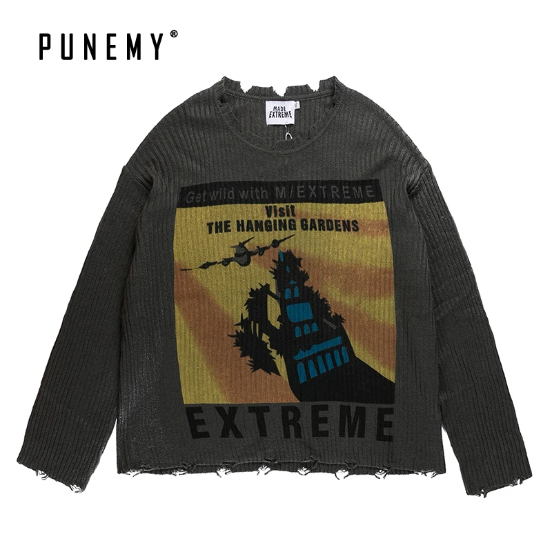 Мужские свитера уличная одежда в стиле хип хоп с потертостями на шее Ретро стиль