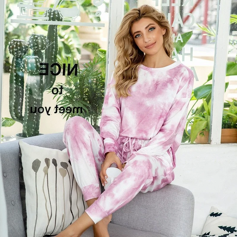 

2021 Summer Leisure Tie Dye Printed Pajamas Autumn Winter Long Sleeve Home Wear