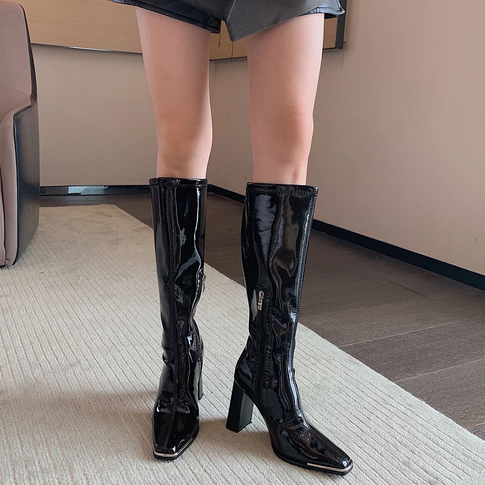 female chelsea boots metal design 2021 hot sale fashion brand knee high boots for women high qulaity chunky heel womens shoes free global shipping